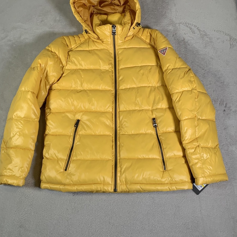 Guess Jacket Mens Medium‎ Yellow Hooded Puffer Quilted Zip Pockets NEW 119RN716